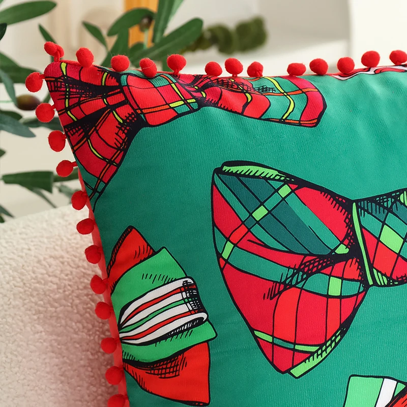 Cushion Cover Ball Edge Romantic Home Decorative Pillowcase 45x45cm for Living Room Sofa Red Bow Valentine's Day Gift 18x18inch