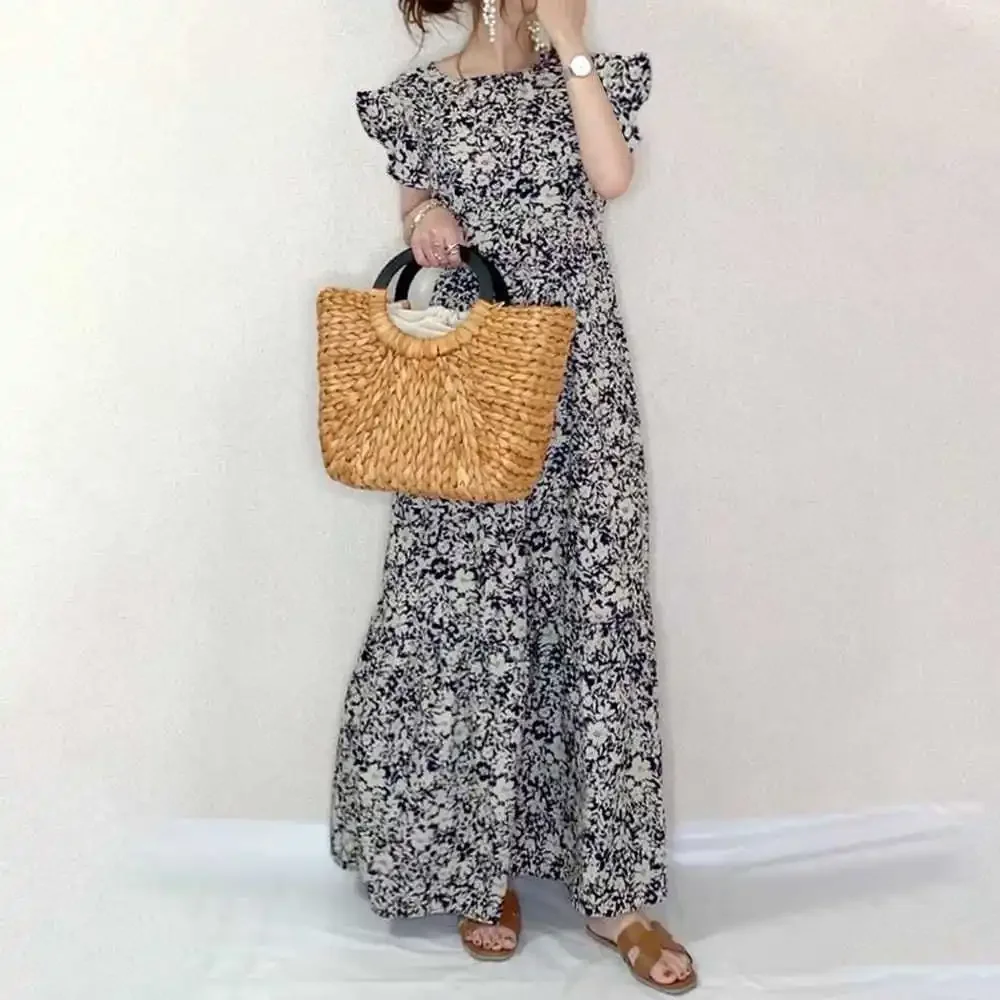 Women's Slimming Long Dress 2022 Japanese Summer New Style Round Neck Ruffle Sleeves A- Line Skirt Smooths Your Silhouette