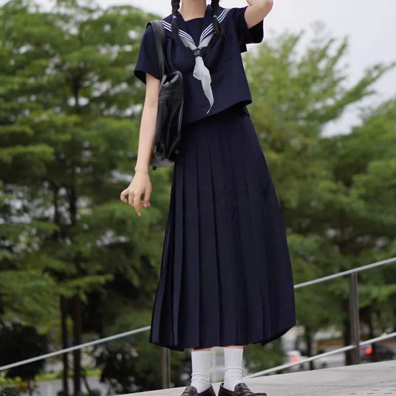 Kanamisan's College JK Uniform-Set, Basic-Stil, Marineblau, Matrosenanzug, Cosplay-Kostüme, Faltenrock, Herbst und Winter