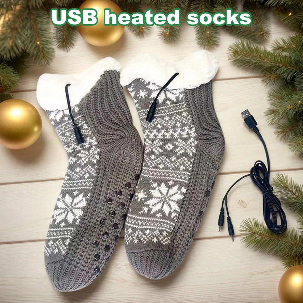 USB Heated Plush Floor Socks Non Slip Fluffy Slipper Socks Cozy Bed Slippers Carpet Socks for Christmas