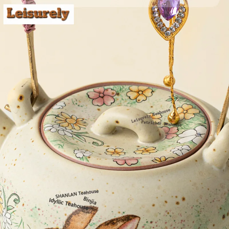 220ML Caramel Glaze Cute Rabbit Lifting Handle Teapot Japanese Tea Infuser Pot Tea Maker Kettle with Ball Hole Tea Items Craft