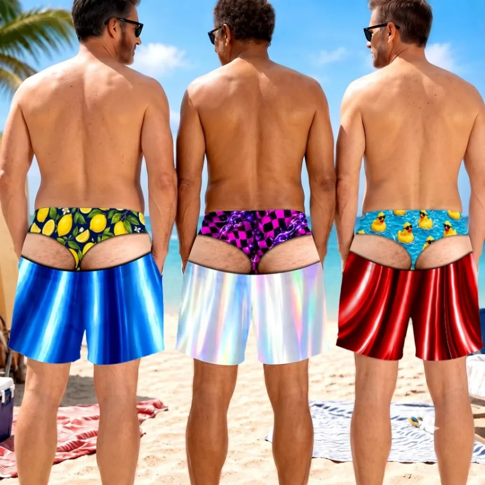 Creative Laser Metal Pattern 3D Printed Men's Beach Pants - Casual Trendy Breathable and Quick-Drying Hawaiian Style Surf Shorts