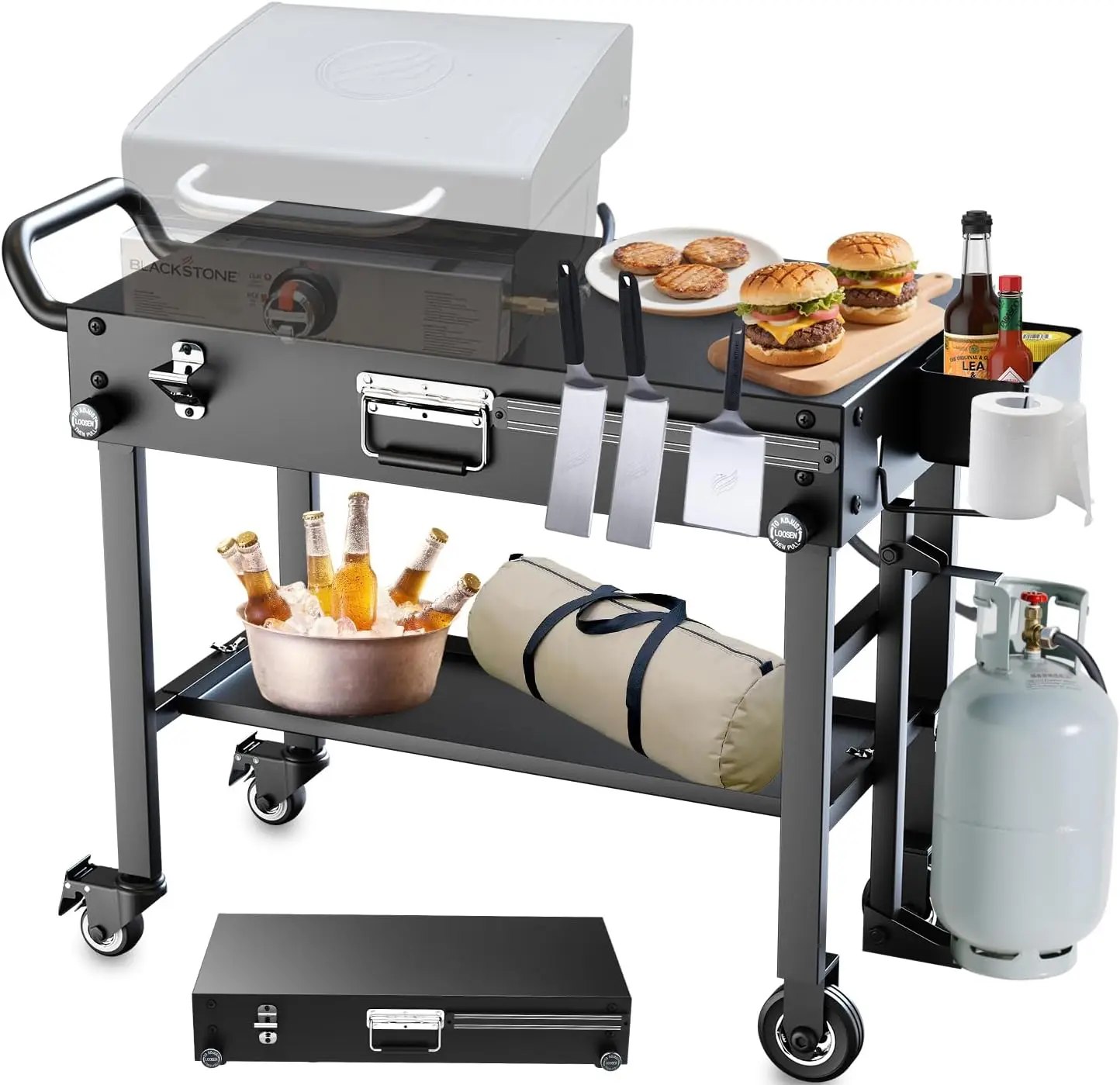 

Portable Foldable Grill Cart with Wheels, Storage Shelf & Gas Tank Mount for Outdoor Cooking