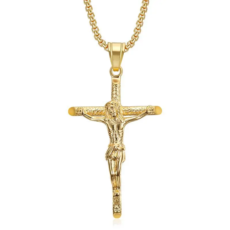 Gold color Stainless Steel Link Chain INRI Jesus Cross Crucifix Pendant&Necklaces Men Fashion Jewelry