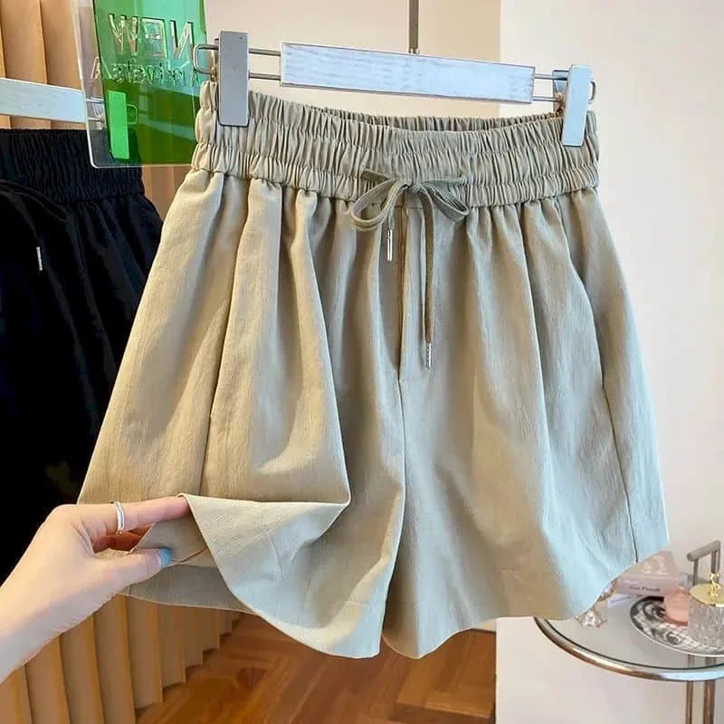 Solidne szorty dla kobiet Sznurowane elastyczne spodnie Casualowe szybkoschnące Harajuku Vintage Luźne koreańskie spodnie z szerokimi nogawkami