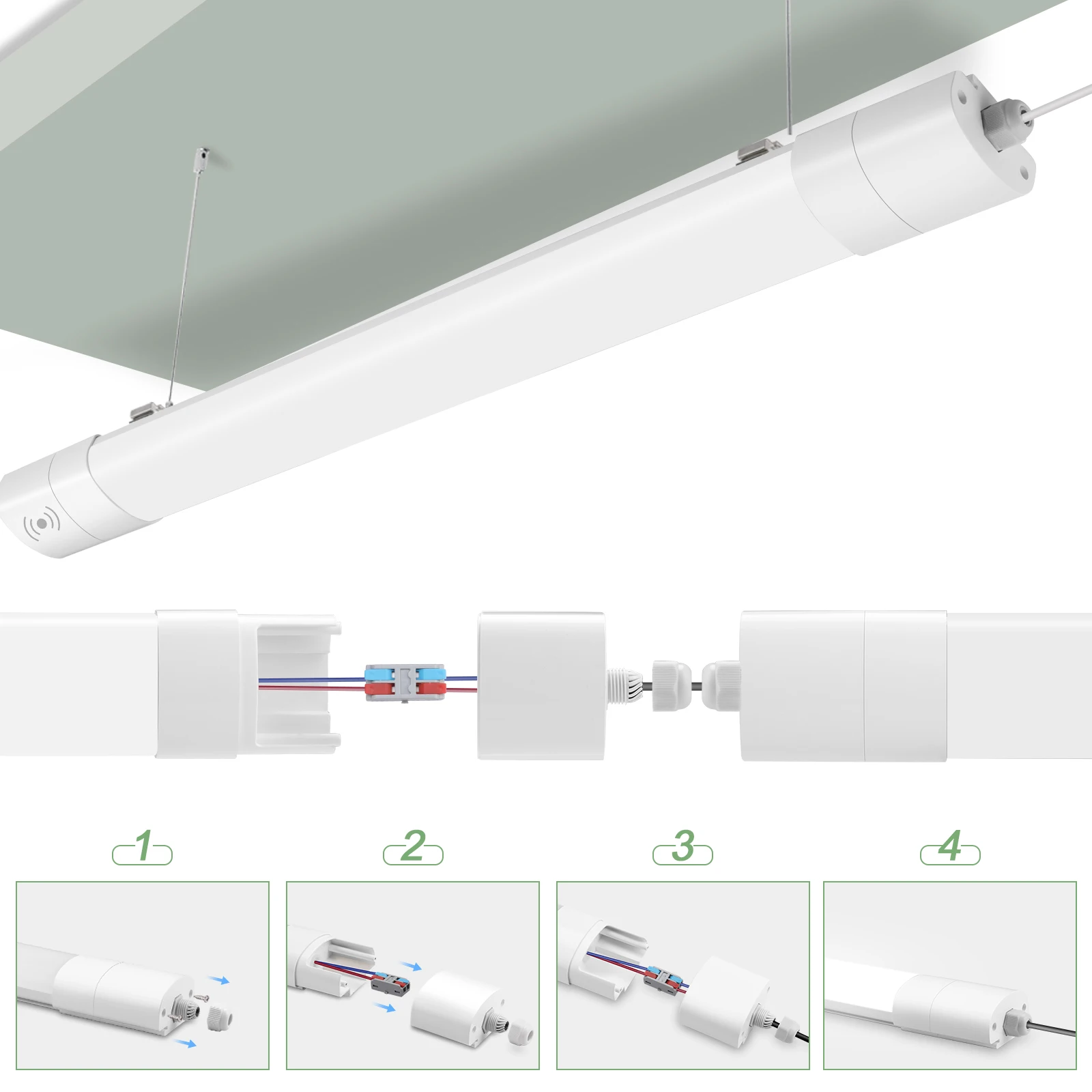 2/4 Stück 45 W LED-Nassraumleuchten mit Bewegungssensor, 4000 K, 150 cm, IP66 verknübbare Deckenröhrenlampe für Büro, Garage, Flur – Detail 4
