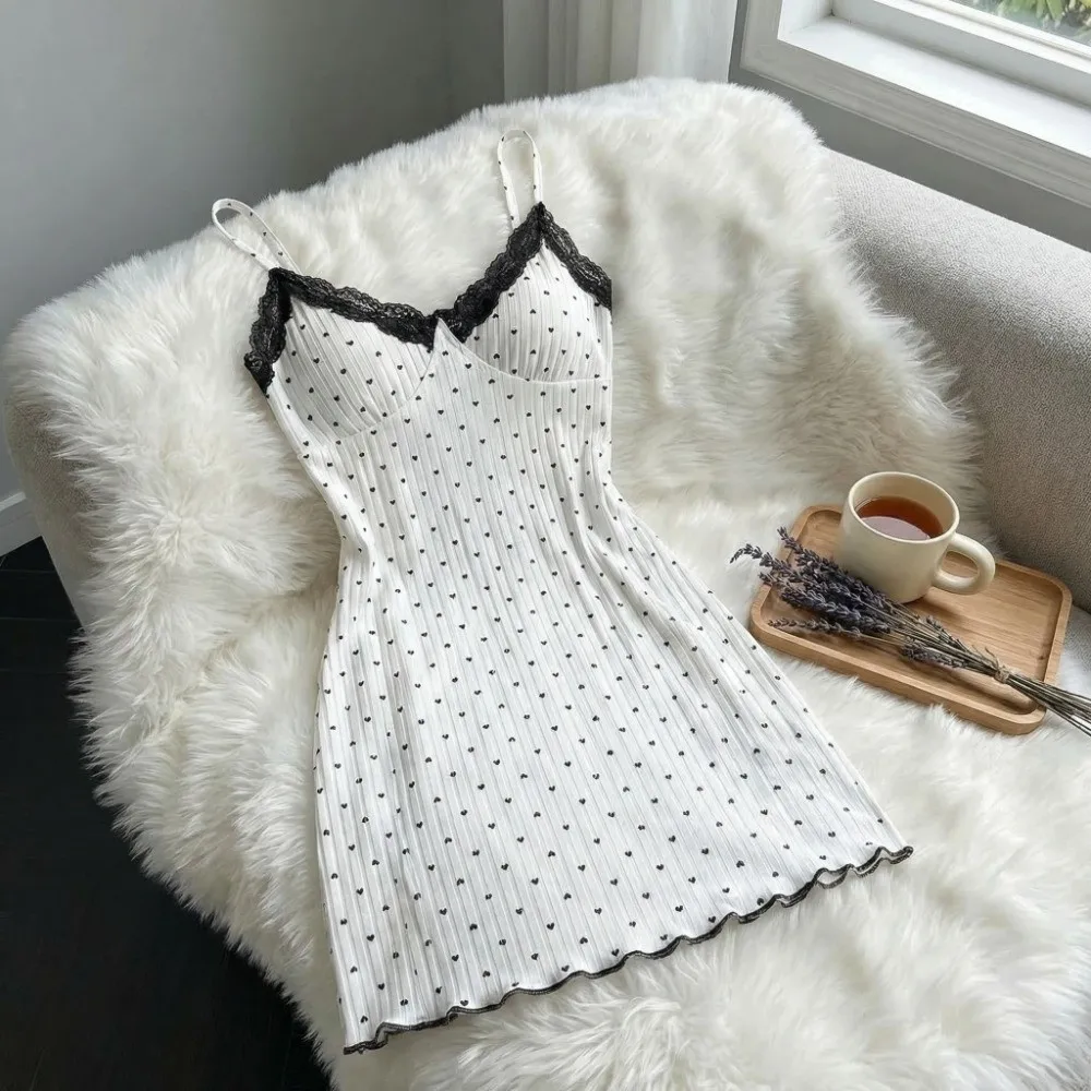 

Love Heart Print Women Heart Pajama Dress Sleeveless Suspender Lace Trim Camisole Nightdress Slim Fit V Neck Soft