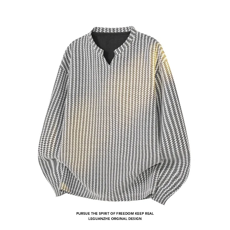 Mens Oversized Notched V Neck Long Sleeve Shirt Woven Houndstooth Texture Relaxed Silhouette For Casual Commute Wear
