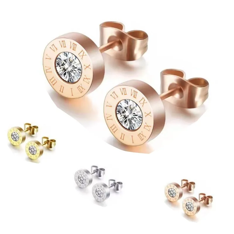 2Pcs 316 Stainless Steel Round Shine AAA CZ Diameter Roman Numeral Stud Earrings For Women, High Quality Piercing Jewelry Gift