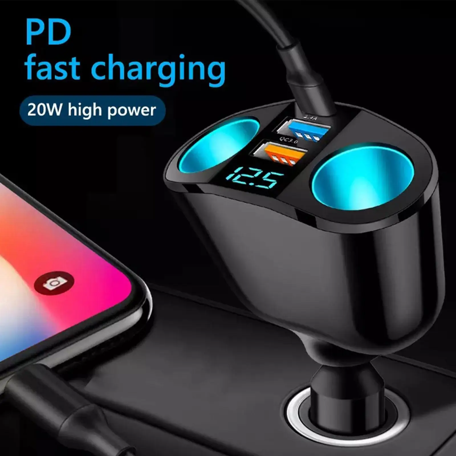 

QC3.0 Car Charger 12V/24V Dual USB Power Adapter Car 120W Socket Cigar Fast Car LED Display Charger Type-C+QC3.0+2.4A Light N4G3