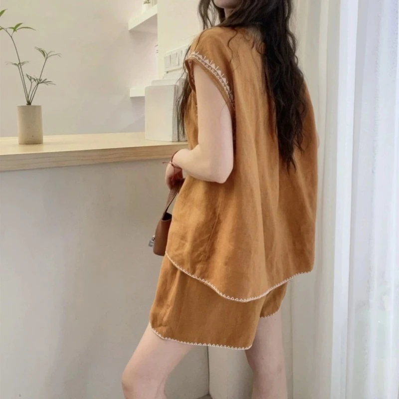 

2026 Summer Women's Casual Two Piece Outfit Embroidered Shorts Short Sleeve Top Linen Blend Fashion European Style Streetwear