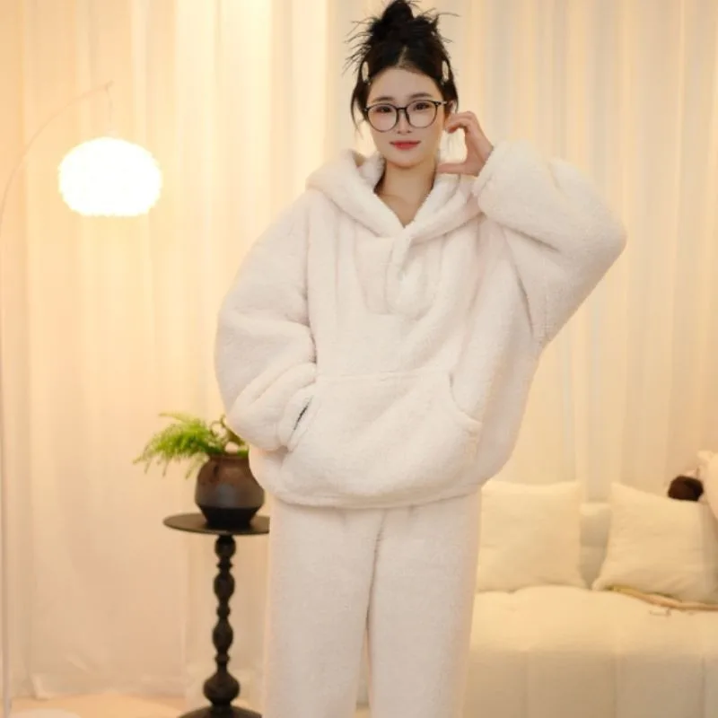 

Милый стильный флисовый утолщенный оверсайз с капюшоном, теплая одежда для дома, зимний новый супер толстый бежевый плюшевый костюм, однотонные цвета, уменьшение возраста