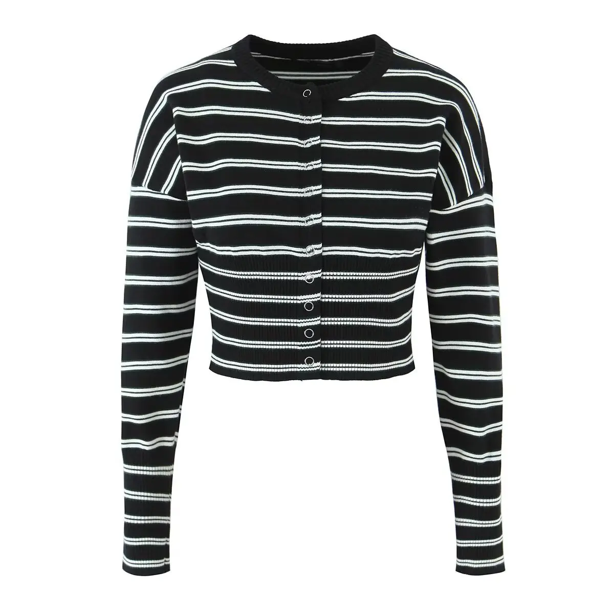 

2025 Autumn Stripe Vintage Button Knit Cardigan Short Sweater Woman O neck Long Sleeve Jumper Jacket Knitwear