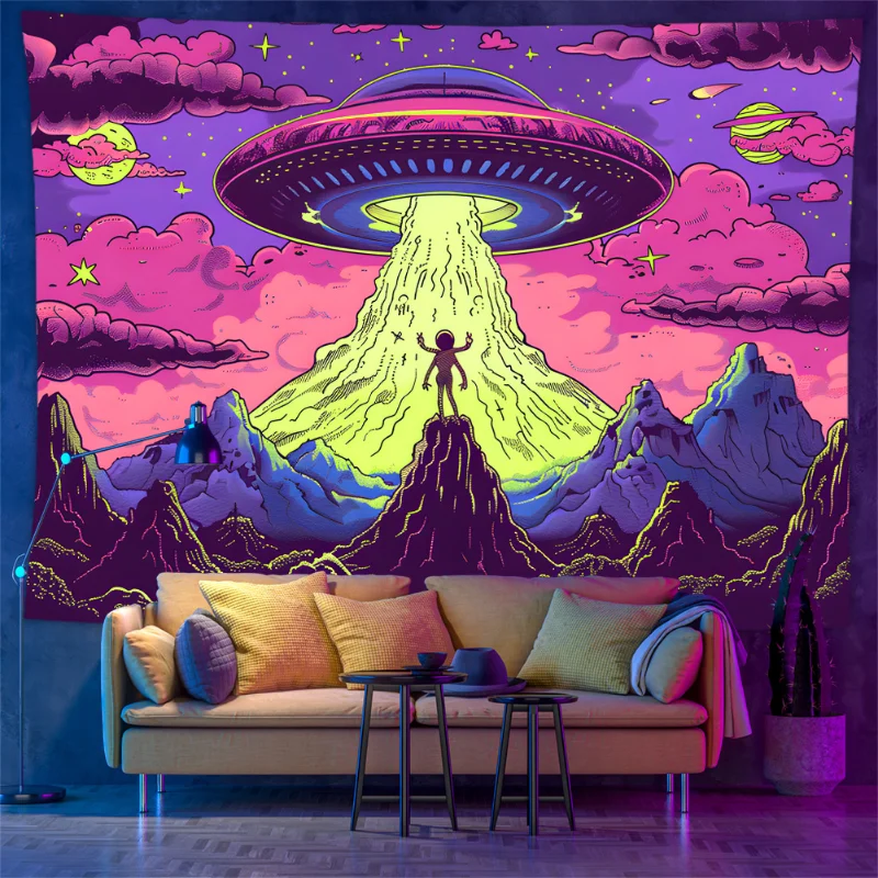 VIKAMA Blacklight Psychedelic Tapestry Space Mushroom UV Reactive Wall Hanging Trippy Room Home Decoration