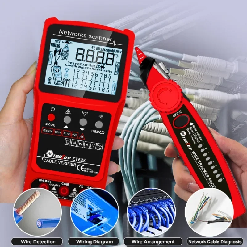 TOOLTOP ET628 LAN Cable Tester 10KM Visual Fault Locator Multimeter 3 in 1 LAN  Length Measure Anti-noise Line Tracker POE Test