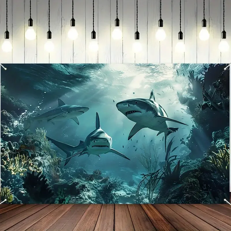 1pc Undersea Shark World Polyester Tapestry - Vibrant Underwater Scene with Sharks & Coral Reefs, Horizontal Wall Hanging for Li