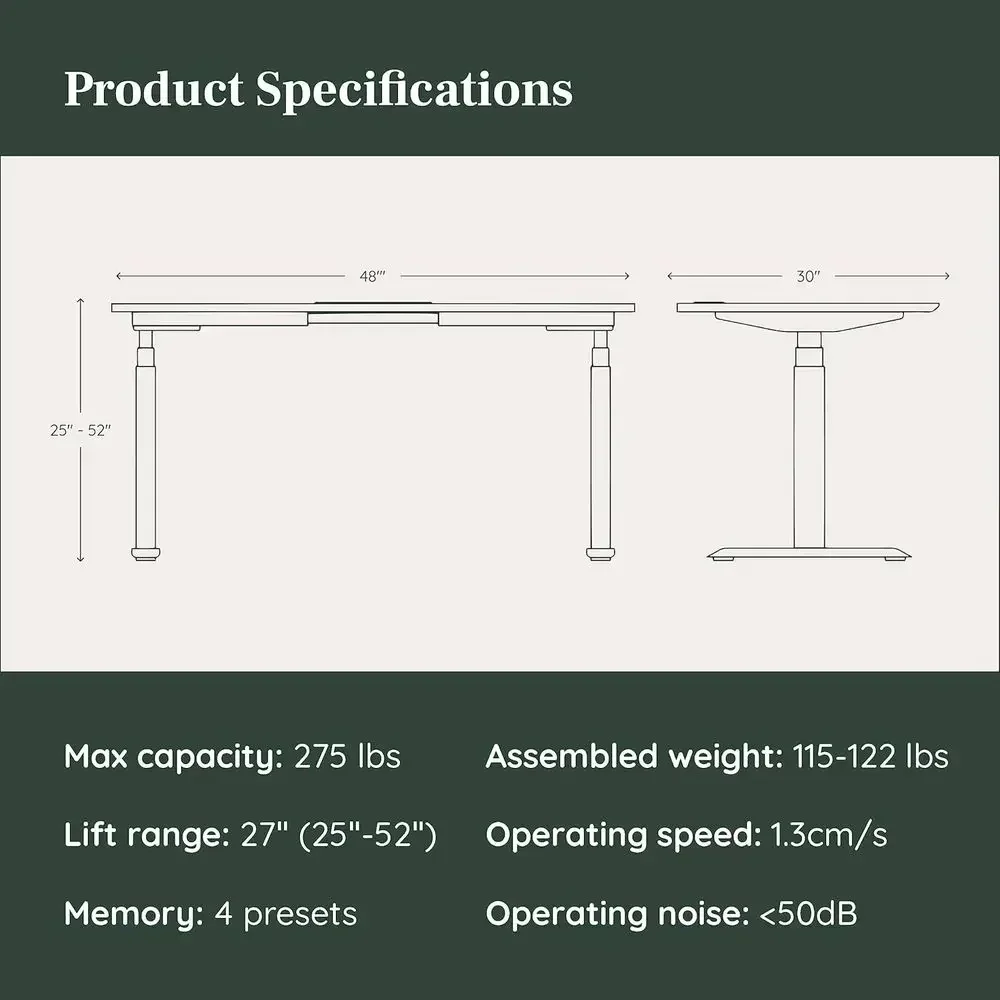 48 Adjustable Height Desk: Dual Motor, 3-Stage Lighting, Memory Presets - White Base, Woodgrain Top