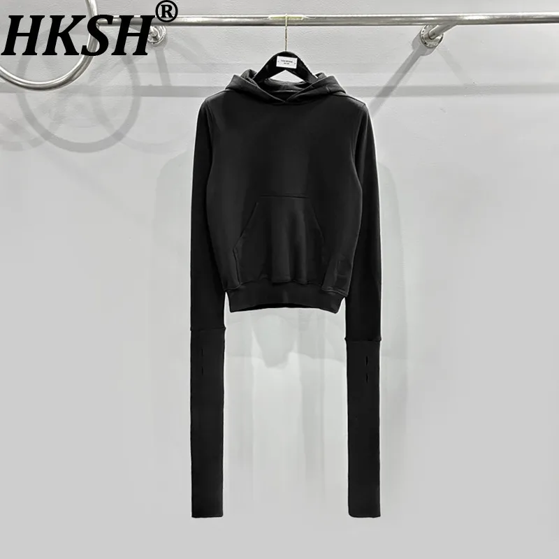

HKSH Autumn New Women's High Street Stylish Long Sleeve Personality Solid Color Pocket Drawstring Basic Hooded Sweatshirt HK7632