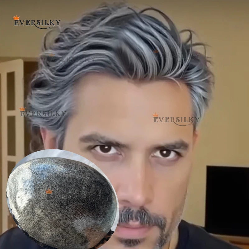 رمادي 1B10 1B50 1B80 شعر مستعار طبيعي للرجال متين # 1B أسود # 5 نظام استبدال أشقر بني، وحدة PU رقيقة من الجلد