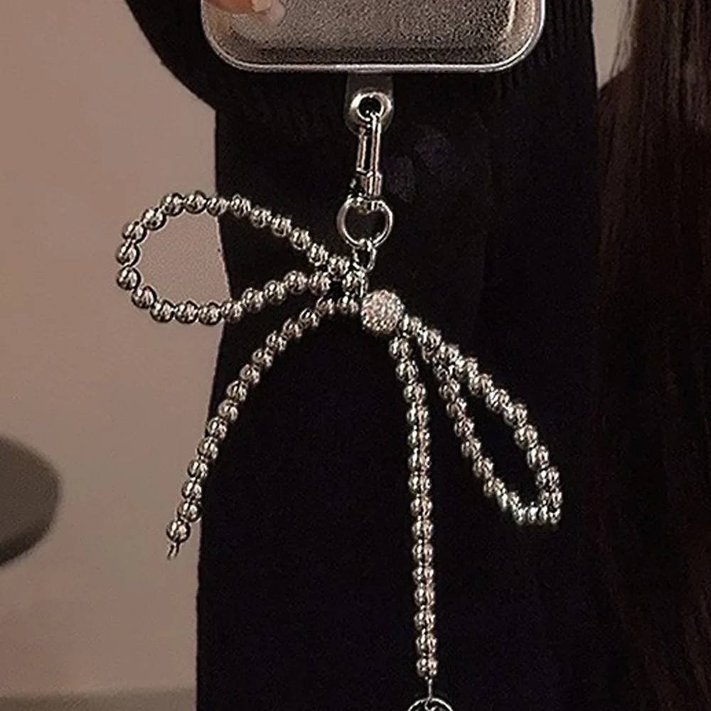 Cordino per cellulare con perline in cristallo Bowknot, cinturino da polso, catena corta, anti-smarrimento, custodia per cellulare, ciondolo chiave, cinturino per telefono