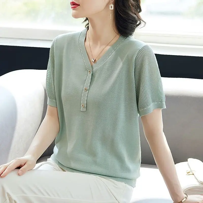

Women's Clothing Pullovers Office Lady Vintage Elegant Fashion Casual Loose V-neck Temperament Simplicity Short Sleeve T-Shirts
