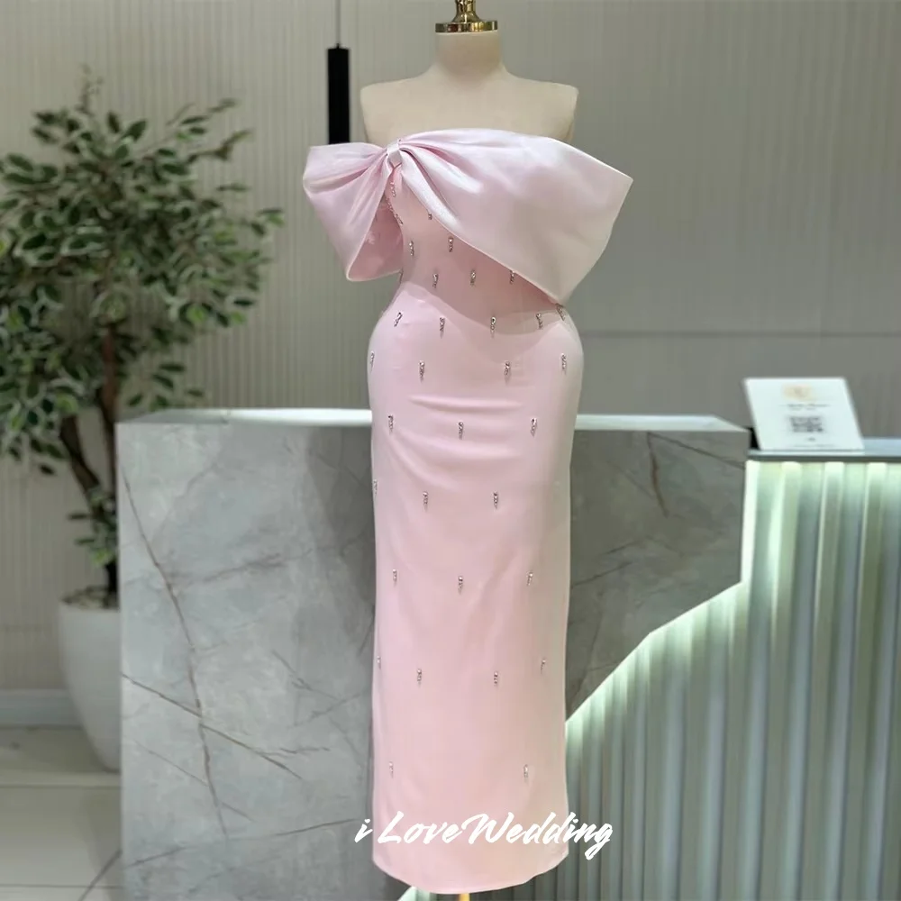 

Pink Off Shoulder Evening Dress 2025 Strapless Bow Crystal Beading Ankle Length Pleat Prom Dress Wedding Party Dress Customized