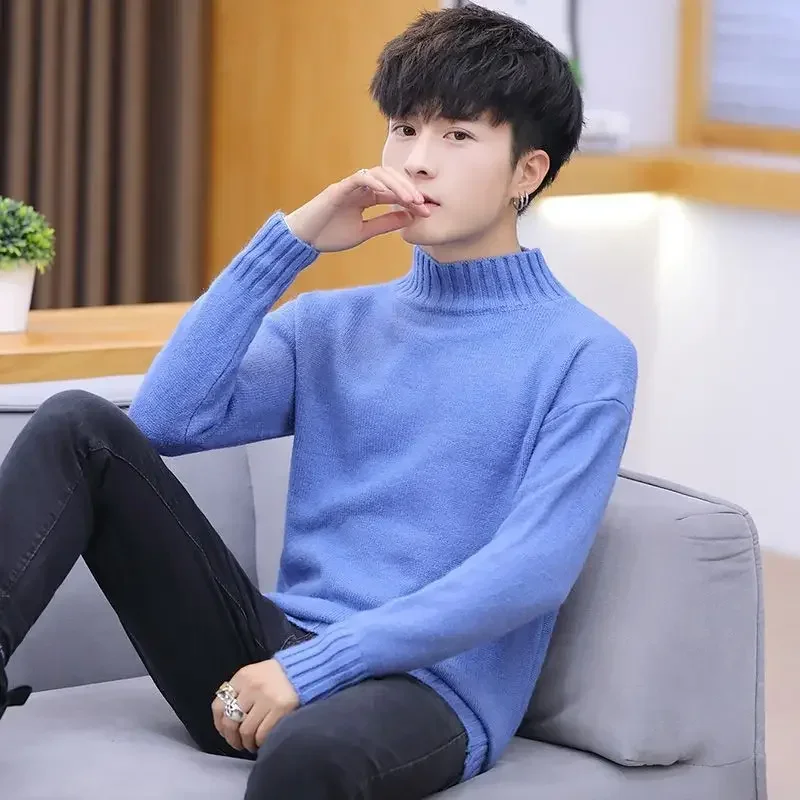 Plain High Collar Men's Clothing Black Pullovers Knit Sweater Male Red Turtleneck Solid Color Old Jumpers Street Elegant New In