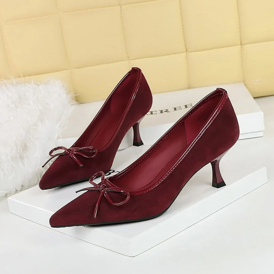 BIGTREE Leopard Print Butterfly Knot Middle Heel 6cm Women Shoes Suede Pumps Shallow Mouth Heels Pointed Stiletto Banquet Shoes