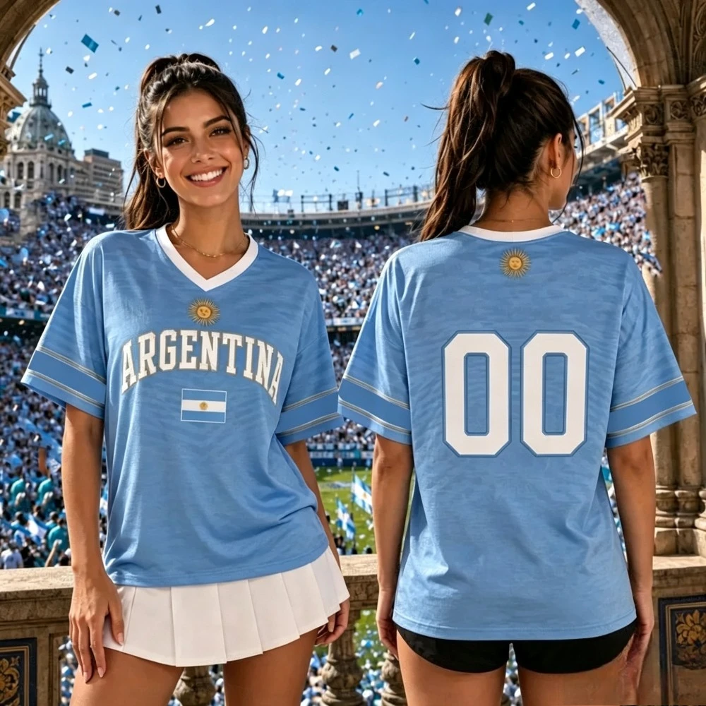 Summer Women Argentina Print V-Neck Short Sleeve T-Shirt Graphic Tee Jerseys Plus Size Sport T-Shirt Soccer Fans Breathable Top