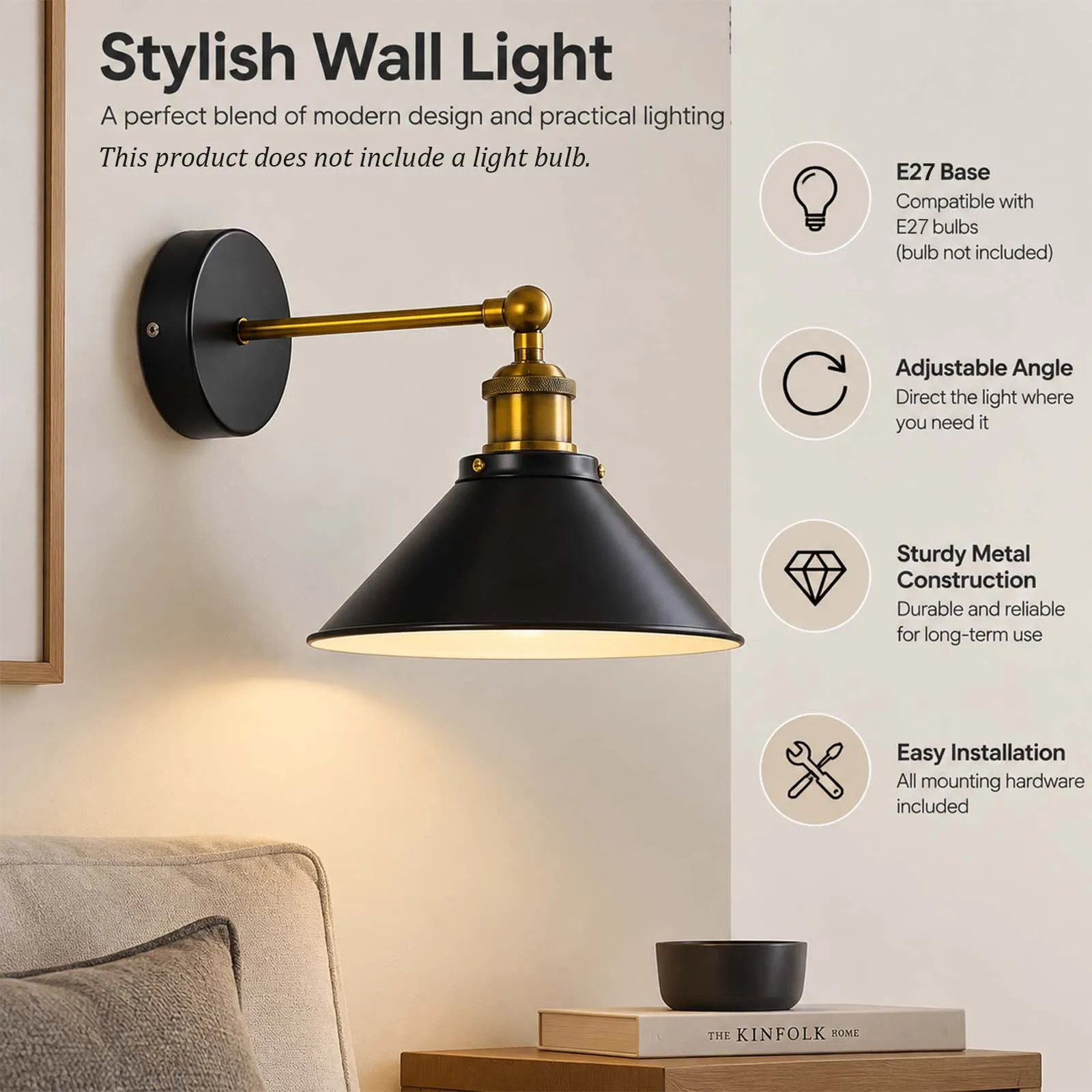 Black Wall Sconce, Conical Metal Shade Brass Arm for Bedroom Living Room Hallway