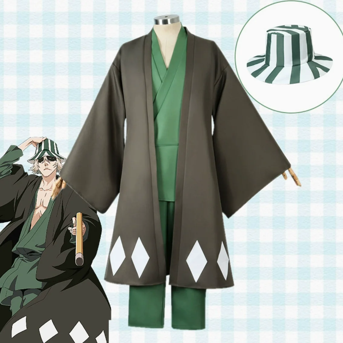 

Hot Anime Bleach Cosplay Urahara Kisuke Gotei 13 Costume Kimono Uniform Cape Top Pants Hat Suit For Halloween Carnival Party