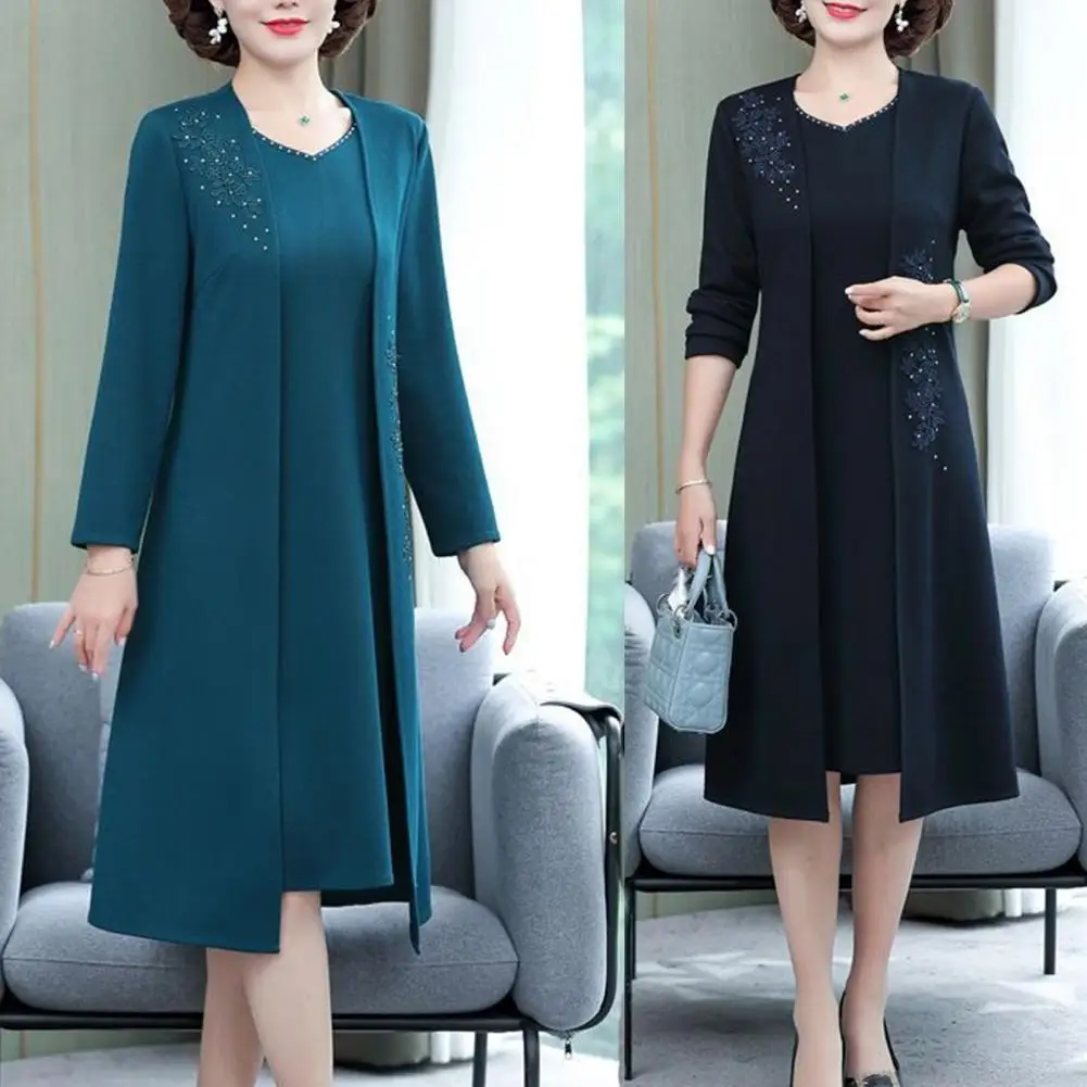 

Women Dress Suit Polyester Spandex Suit Set Elegant Women's Coat Dress Set Flower Embroidered Mid Length Coat V Neck Knee Length