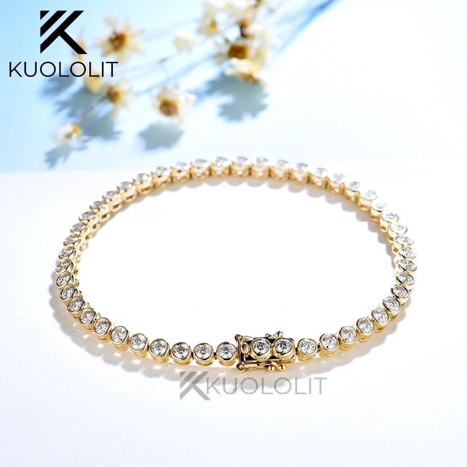 Kuololit Bezel Set Moissanite Tennis Bracelet for Women Solid 14K 10K 925silver Round D VVS1 Bracelet for Engagement Christmas