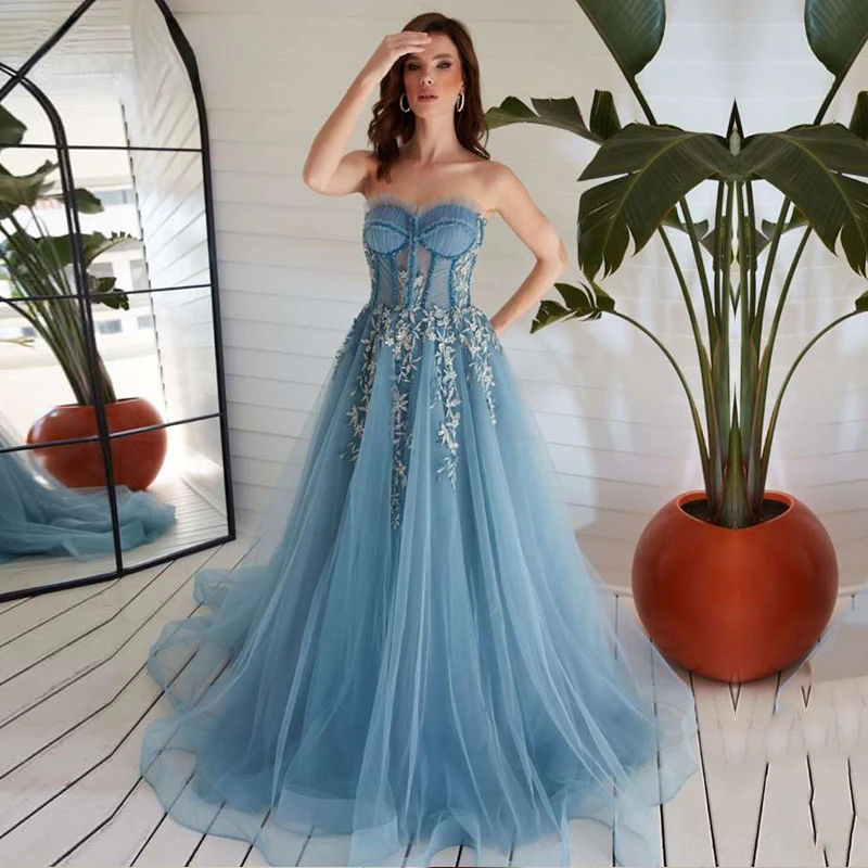 Baby Blue Prom Dresses Appliques Lace Sweetheart Pleats Long Tulle Custom Made Formal Evening Wedding Party Gown