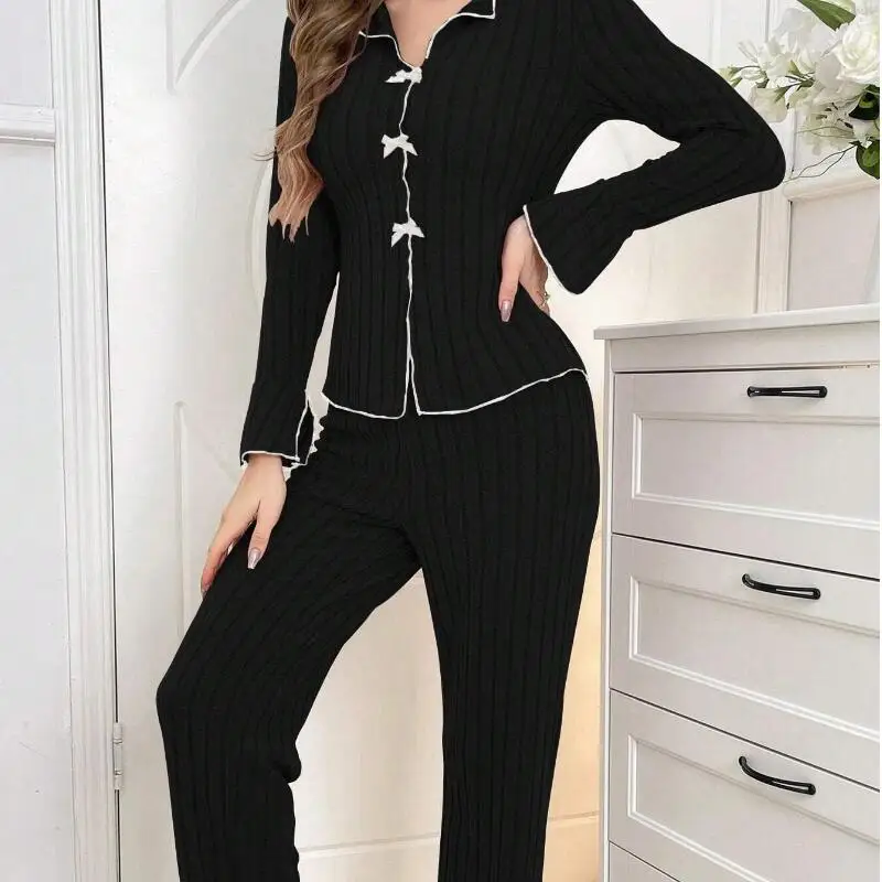 

Girl Lapel Pajamas Sets Woman Sexy Sweet Simple Long Sleeve Leisure Wear Spring Autumn Clothes Sleeping Wear Outside Girl's Gift
