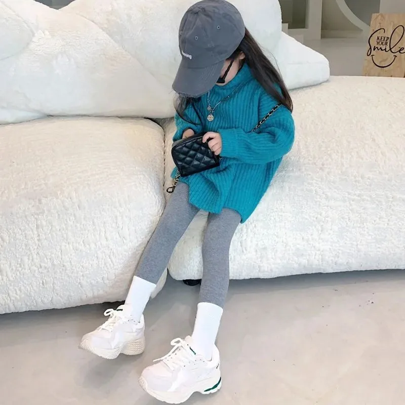Girls High Neck Knitwear Autumn Winter New Style Children Loose Thick Warm Knitted Sweater for Kids