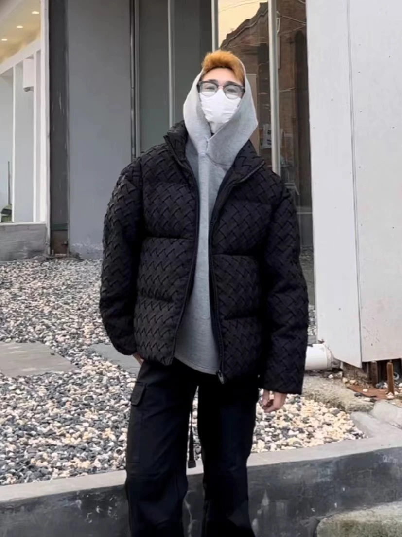 

American Retro Knitted Cotton Jaet Men's Thiened Winter Warm Bread Sle Faionable Design Loose Fit Stand Length