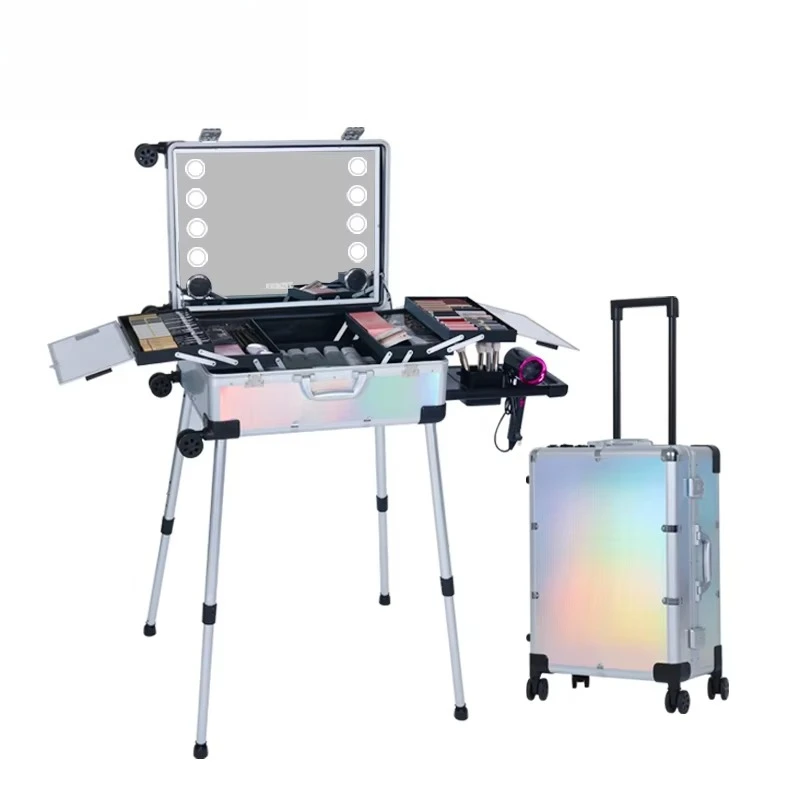 

Professional makeup case organizer made of aluminum alloy, equipped with lights and mirrors