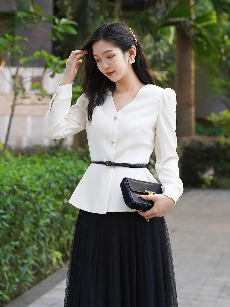 

Ele V-Ne Silk irt White Waist-Cinching Jaet by Tang Mi Jia Simple Commute Sle Long Sve Women's Busin Wear
