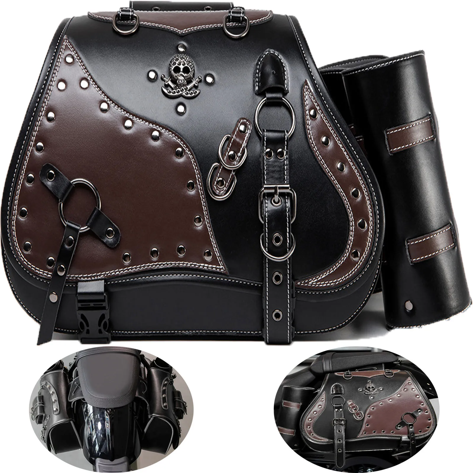 

Universal Retro Motorcycle Saddlebag Throwover Saddlebags PU Leather with Cup Side Gear Bag for Harley XL883 Honda Yamaha Suzuki