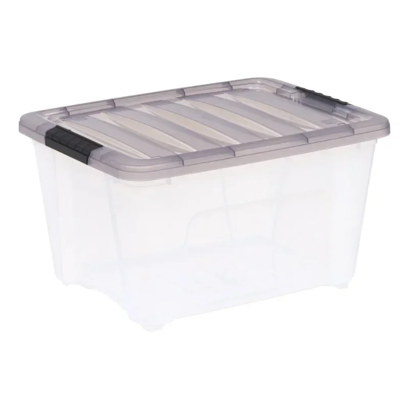 32 Quart Stack & Pull™ Clear Plastic Storage Box with Buckles, Gray, Set of 5