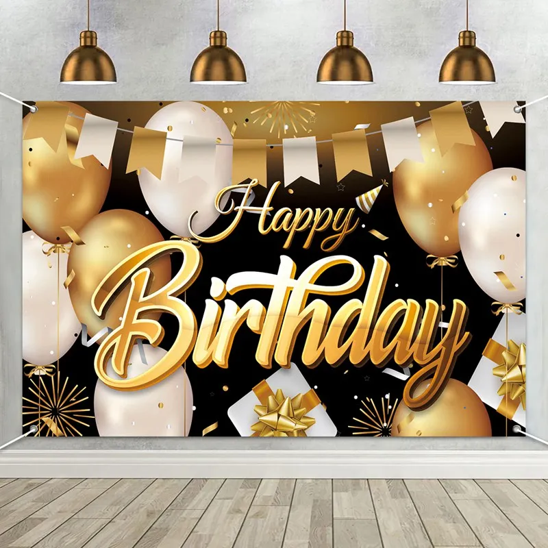 Black Golden Happy Birthday Backdrop Banner Background 30th 40th 50th Birthday Photo Background Birthday Party Backdrop Decor