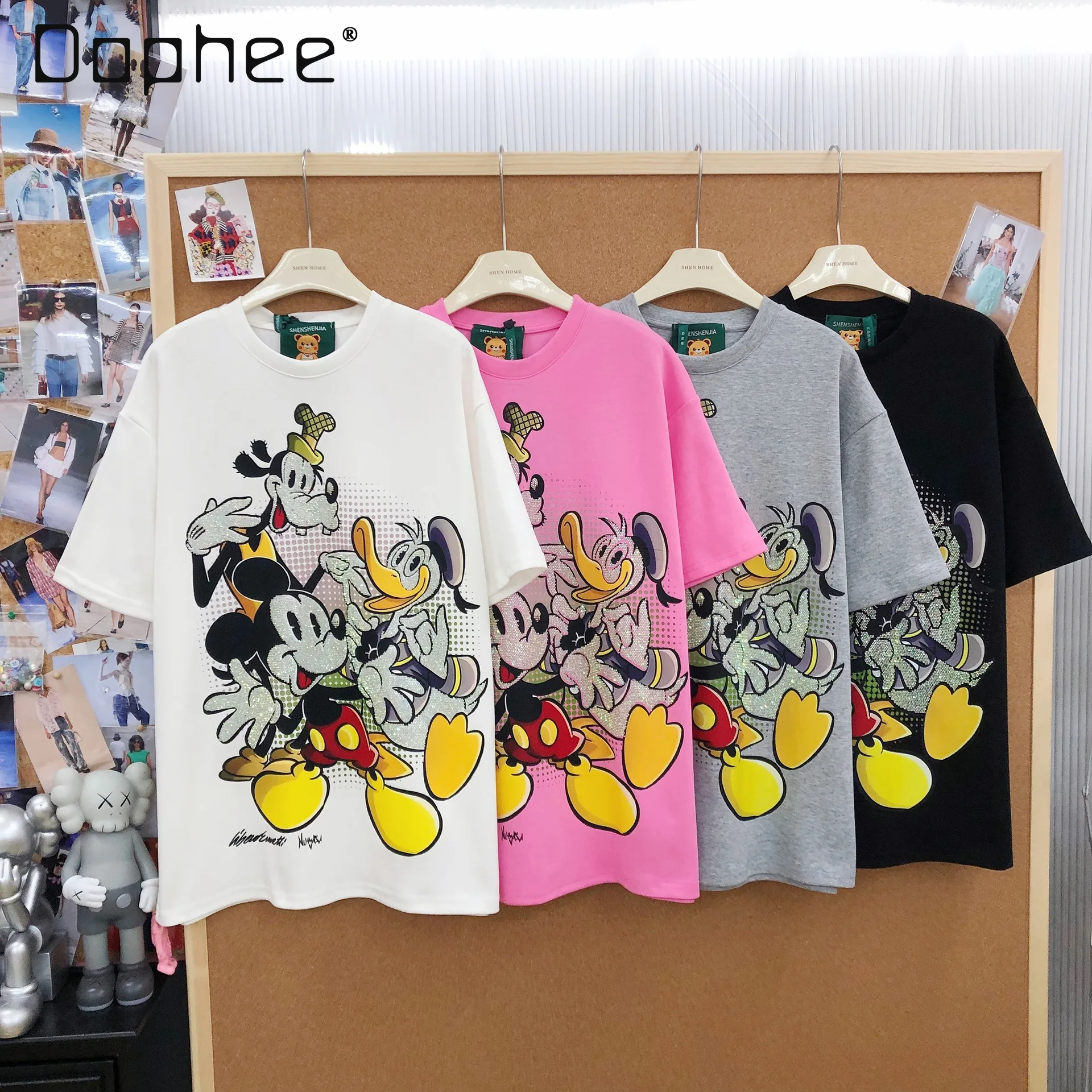 

Стильная свободная хлопковая футболка с коротким рукавом, весна-лето, новая модель, с объемными стразами и мультяшным принтом, средней длины, женская одежда