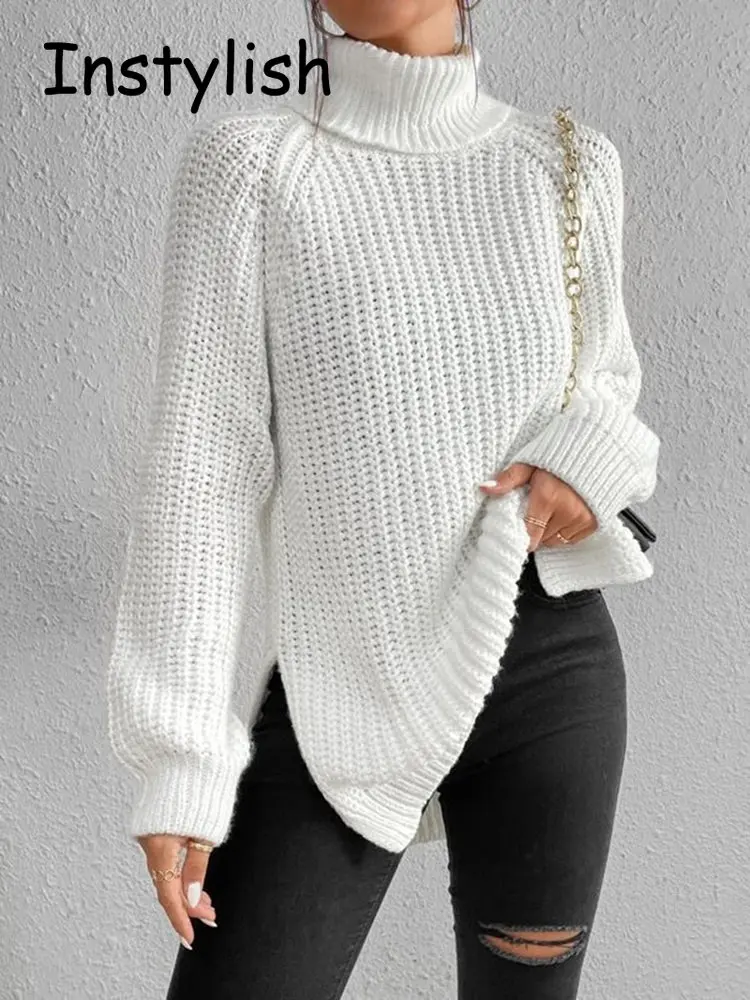 Damski zimowy luźny sweter z golfem elegancki sweter z opadającymi rękawami i rozcięciem z boku Vintage Harajuku eleganckie swetry ponadgabarytowe bluzki z dzianiny