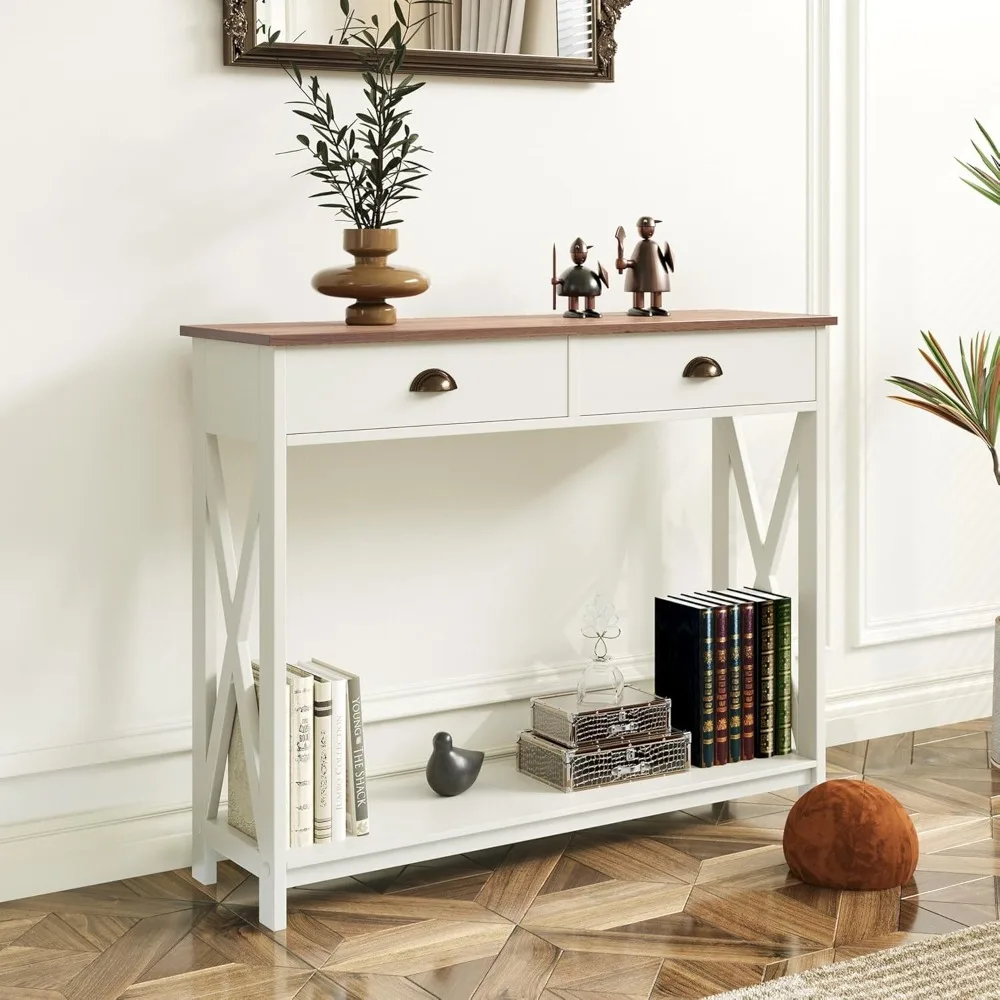 

Farmhouse Console Table with Drawers and Storage Shelf, Narrow Console Table Farmhouse Sofa Table for Entryway