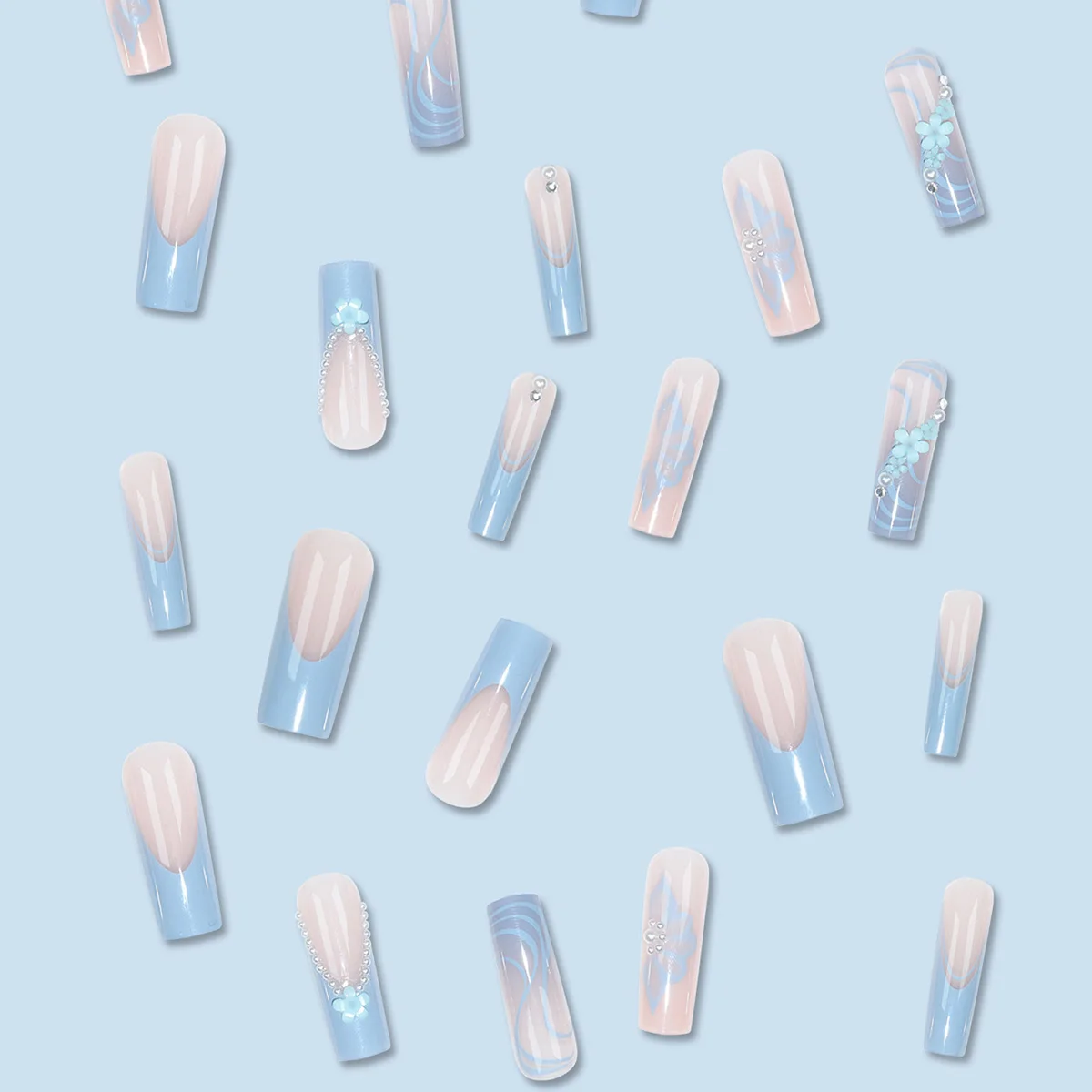 24 Piece Long Coffin Blue French&flower Pattern Fake Nails ABS Full Cover Glossy Fake Nails Summer Collection