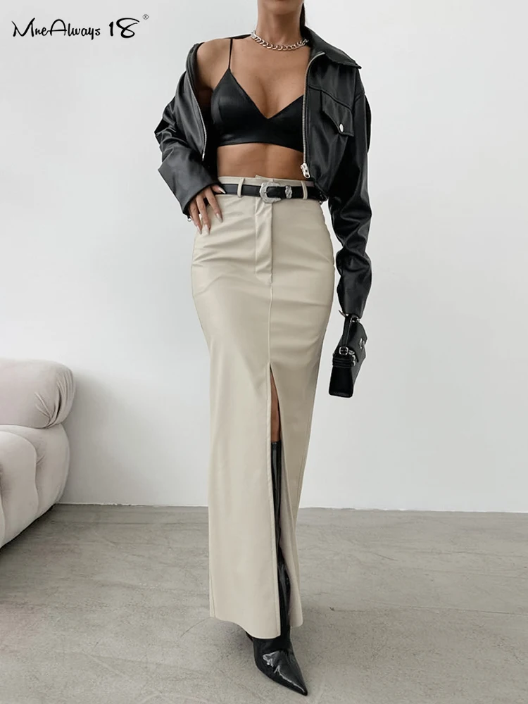 Mnealways18 Beige Faux Leather Split Skirts Women High Waist Warm PU Long Skirts Autumn Winter 2024 Office Ladies Black Skirts