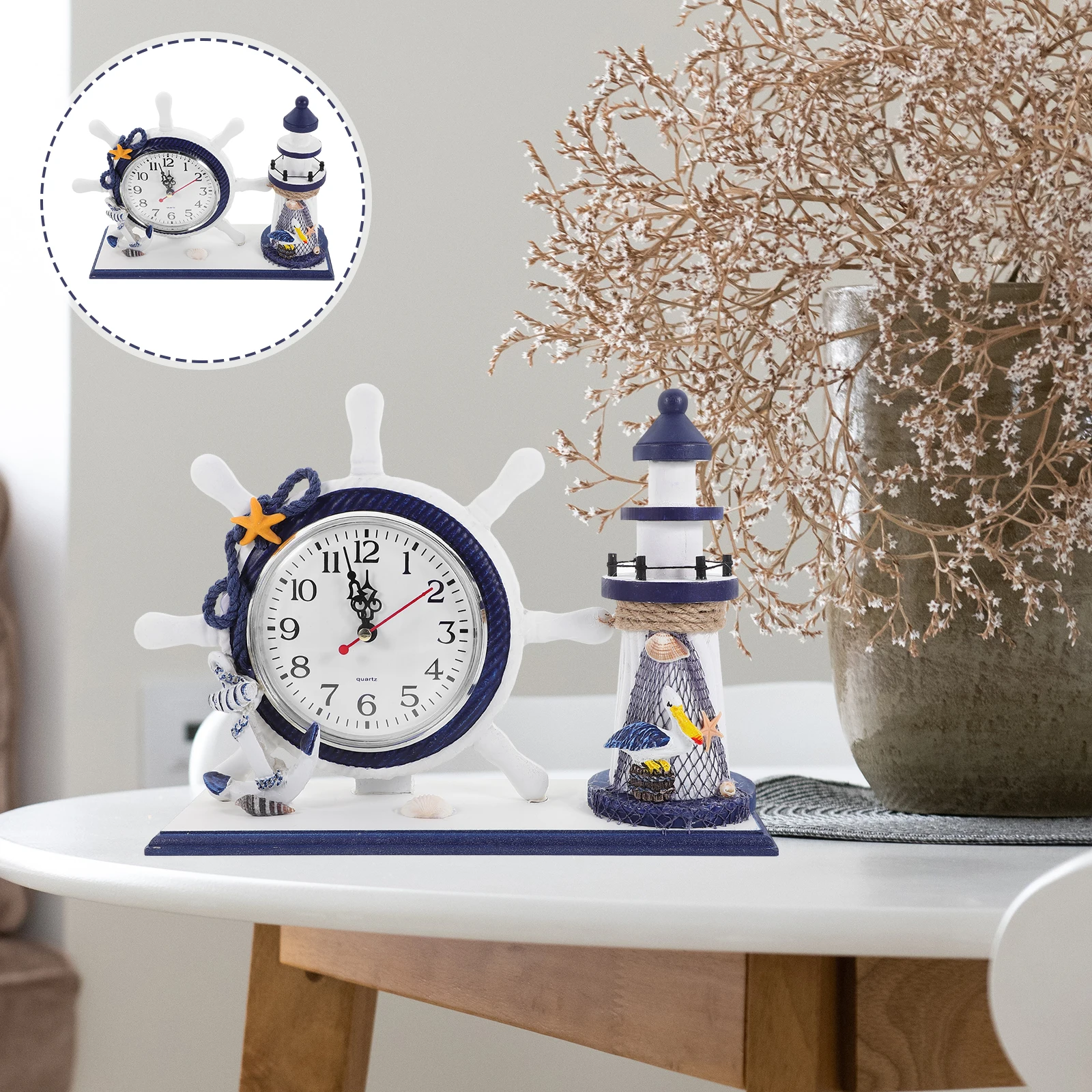 

1pc Mediterranean Style Clock Lighthouse Design Ocean Theme Desktop Ornament Living Room Decor Household Clock Artistic Home