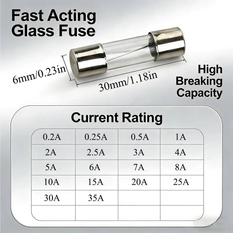 Car Fast-Blow Glass Tube Fuses 0.1A~35A Quick Blow Car Glass Tube Fuses Assorted Kit for Car Light Inflator