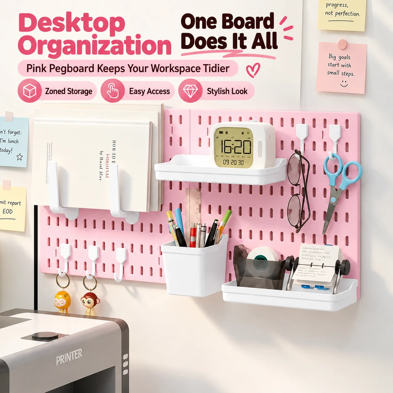 Pink No Drill Pegboard Storage Organizer Combinable Wall Mount Board for Gaming Desk Headset Game Controller Storage